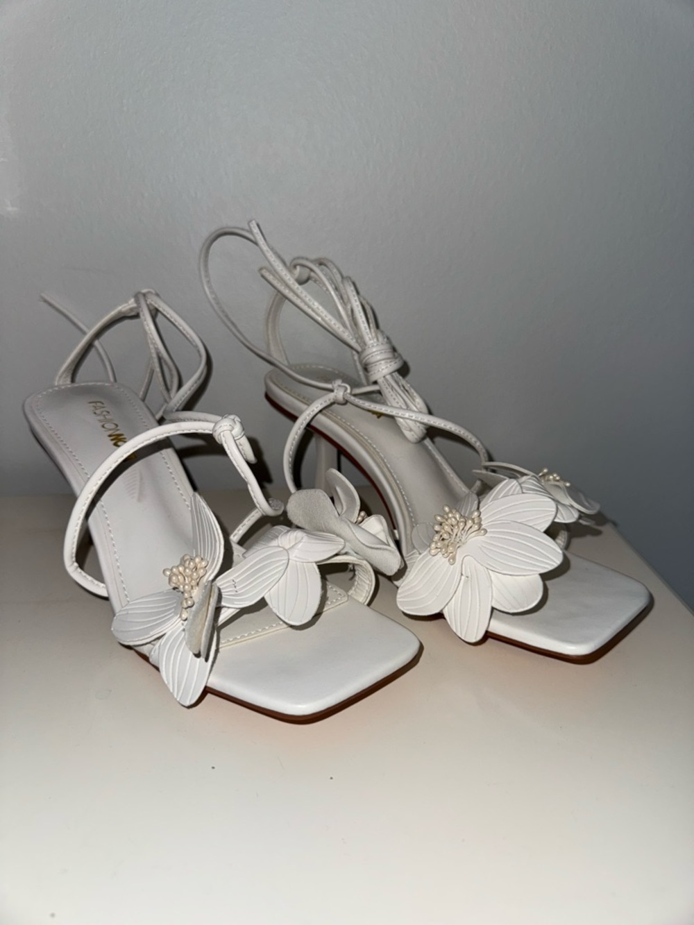 White Floral Appliqué Strappy Heels